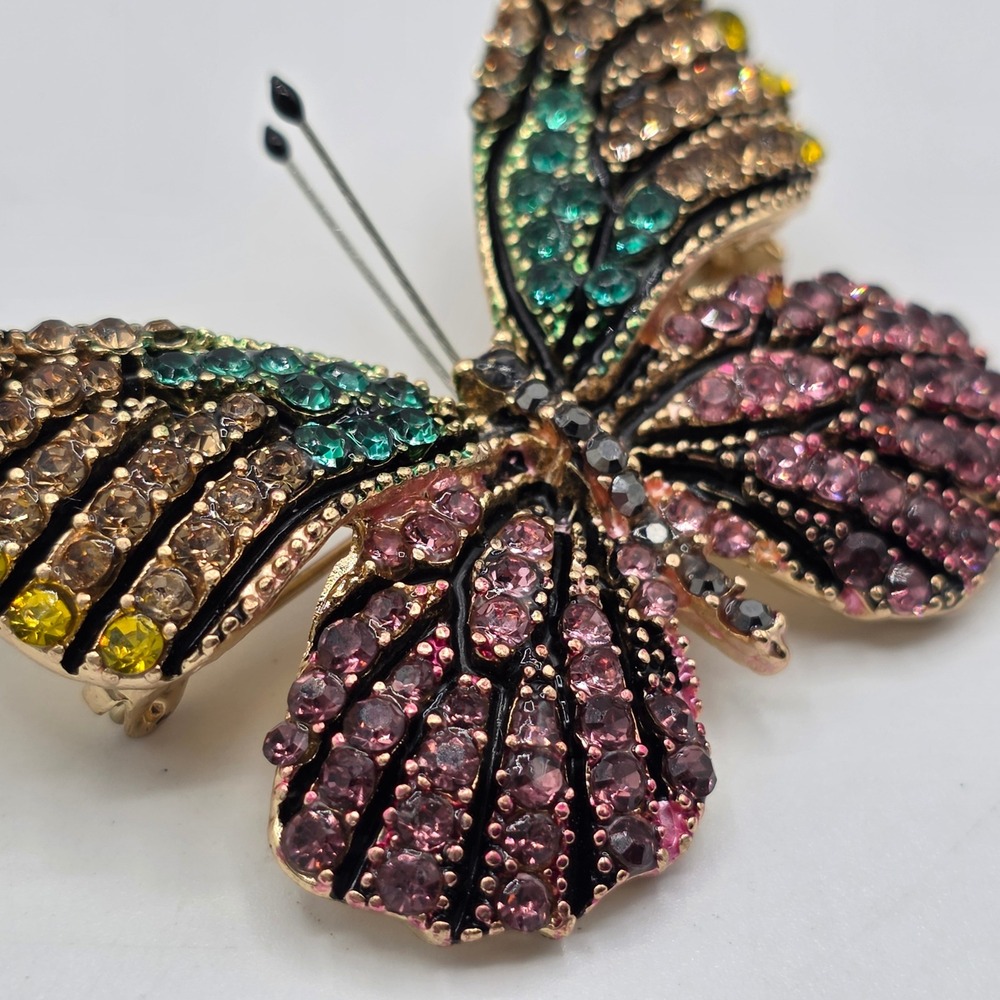 Multicolor Rhinestone Butterfly Brooch Gold Tone Crystal Insect Pin 2 Inch - Picture 5 of 8